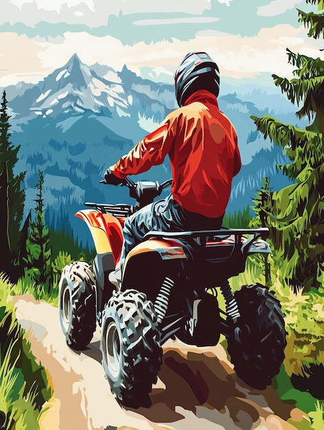 Man on quad bike Offroad driving racer Quad bike for racing in mountainous areas The ATV driver looked around Man takes part in ATV racing Man on quad bike in beautiful nature