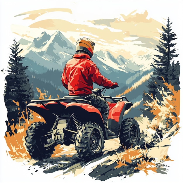 Man on quad bike Offroad driving racer Quad bike for racing in mountainous areas The ATV driver looked around Man takes part in ATV racing Man on quad bike in beautiful nature