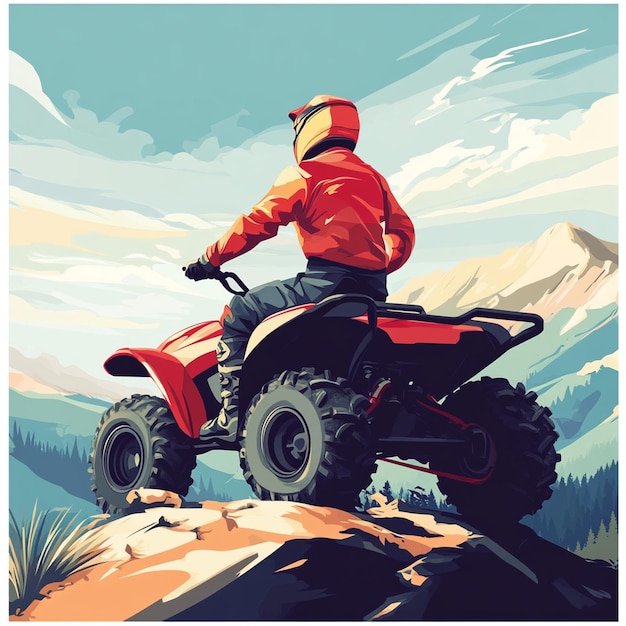 Man on quad bike Offroad driving racer Quad bike for racing in mountainous areas The ATV driver looked around Man takes part in ATV racing Man on quad bike in beautiful nature