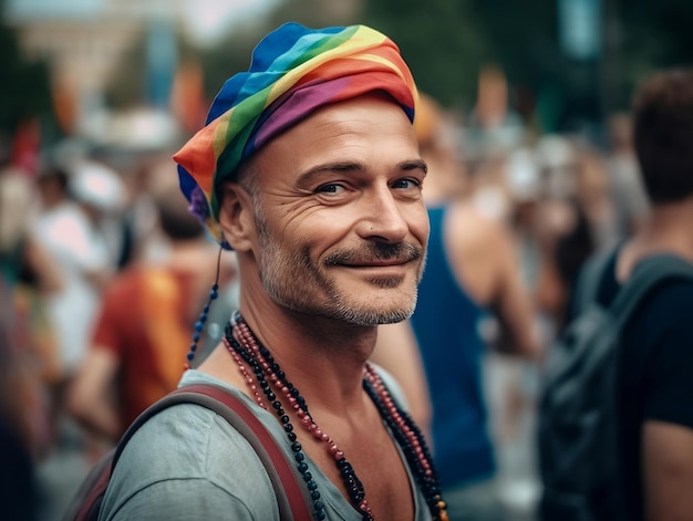 A man in a rainbow pride headband during LGBT pride parade AI genetared