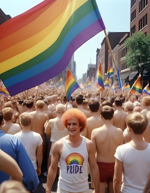 a man in a rainbow shirt is holding a rainbow flag