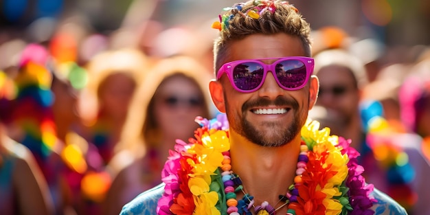 Man in rainbow sunglasses and lei joyfully participating in pride parade Concept Photography Pride Parade Rainbow Sunglasses Joyful Portraits Colorful Props