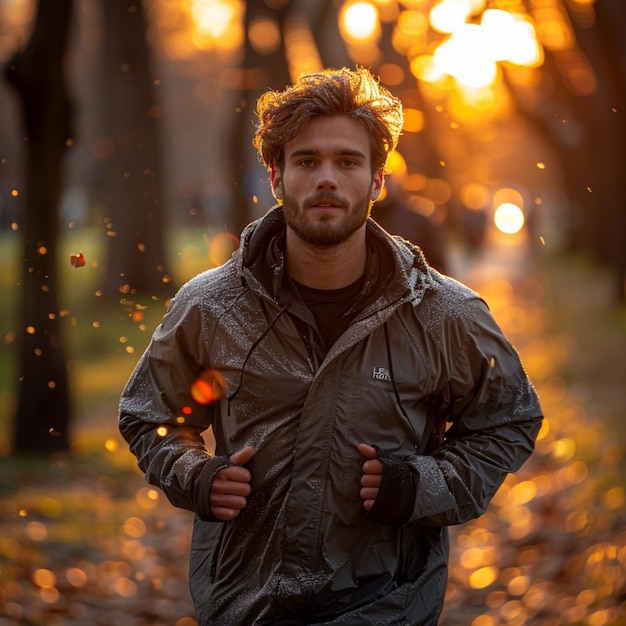 Photo a man in a raincoat walks down a path with the sun shining through the trees