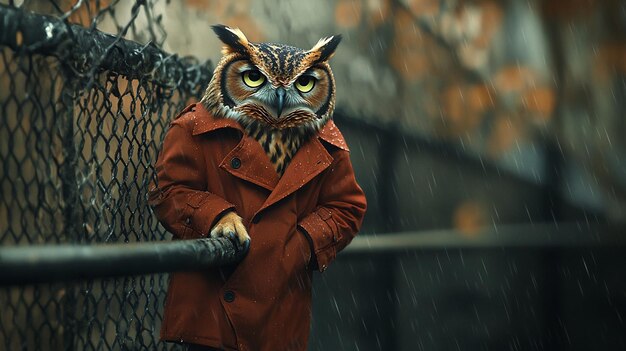 Photo a man in a raincoat with an owl on the back of his jacket