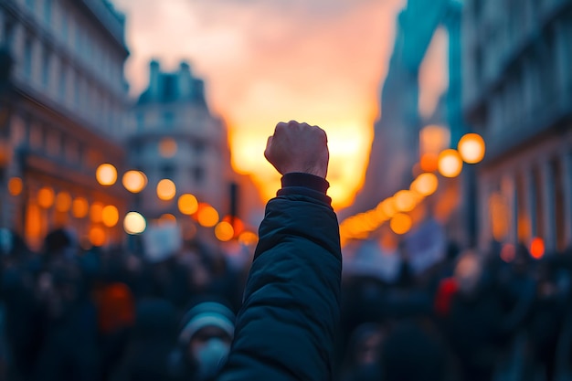 a man raises his fist in a crowd of people in a crowded street