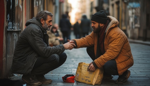 Photo a man reaches out to a needy person sitting on the street