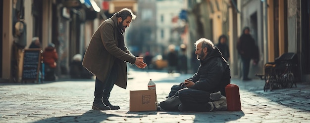 Photo a man reaches out to a needy person sitting on the street