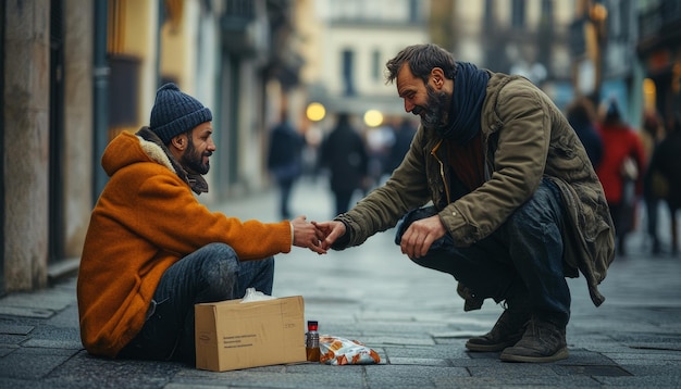 Photo a man reaches out to a needy person sitting on the street