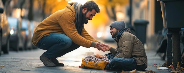 Photo a man reaches out to a needy person sitting on the street