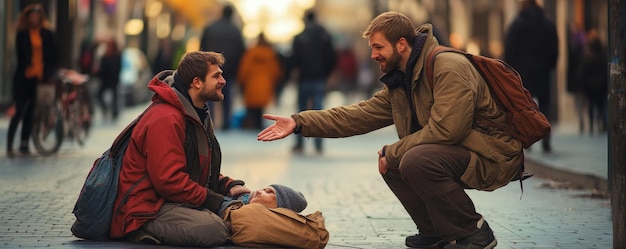 Photo a man reaches out to a needy person sitting on the street