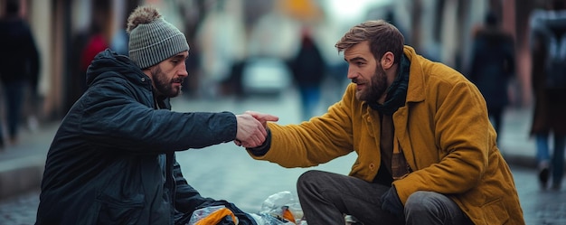 Photo a man reaches out to a needy person sitting on the street