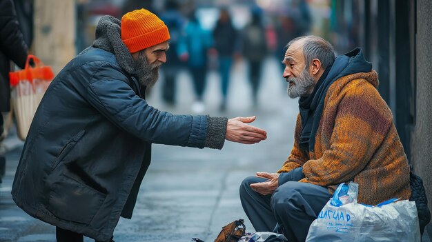 Photo a man reaches out to a needy person sitting on the street