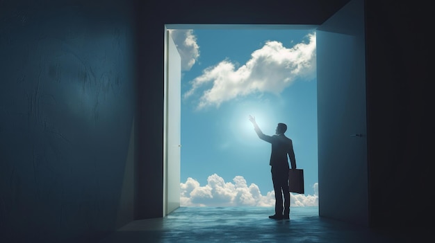 Man Reaching for the Light Through an Open Doorway