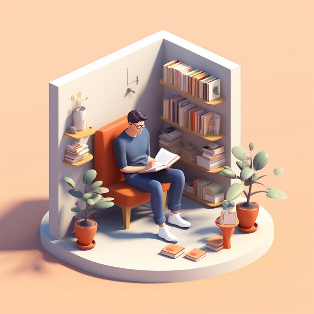 Man read book in library flat illustration