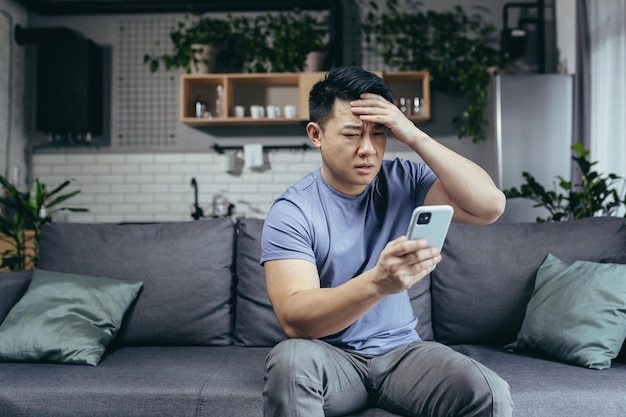 Man reading bad news from phone asian frustrated and sad looking at phone screen sitting on sofa at home