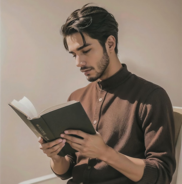 A man reading a book in a chair.