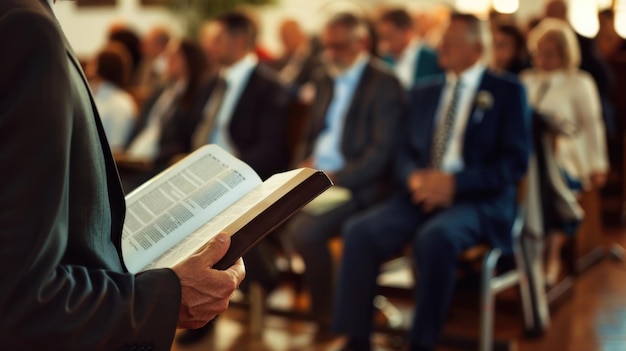 Man Reading a Book in Front of an Audience