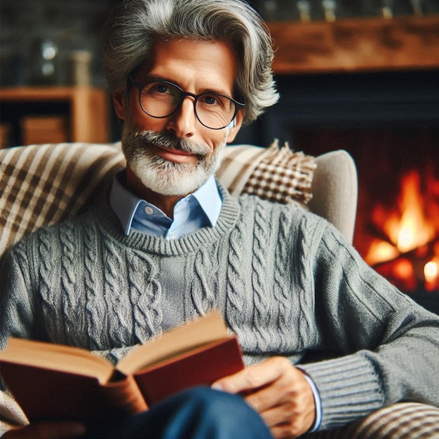 a man reading a book in front of a fireplace