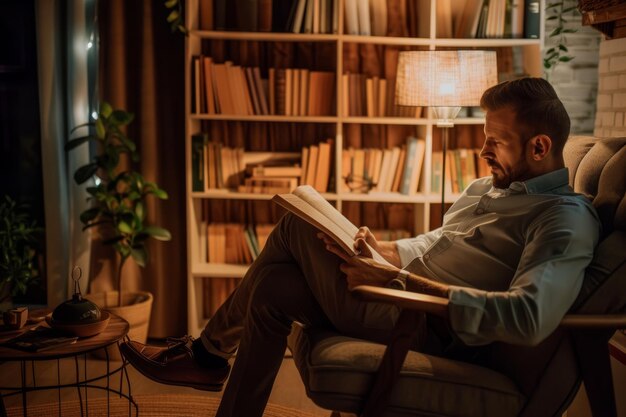 Photo man reading a book at home one man charming male sitting on a chair and reading a book alone at ho