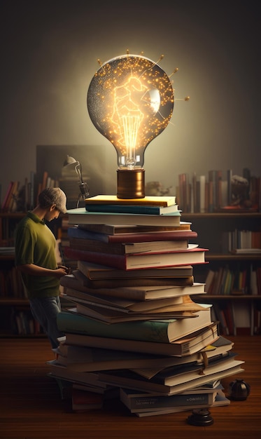 Man reading book and imagining he is on top of pile of books