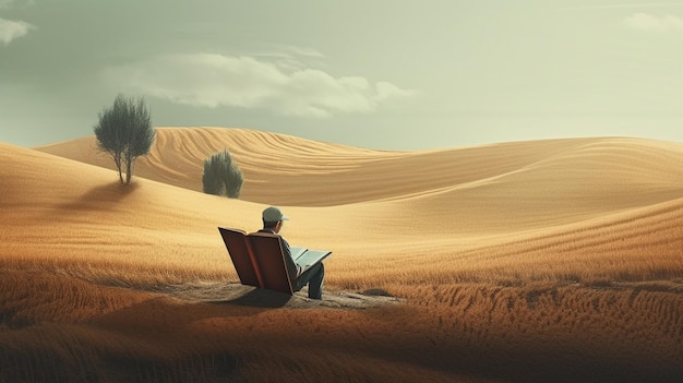 Man reading Book in landscape surreal minimalism