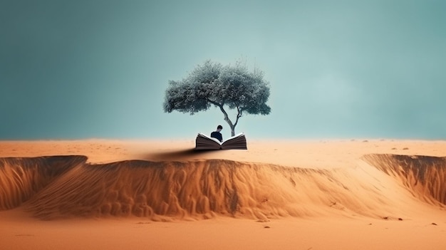 Man reading Book landscape in surreal minimalism