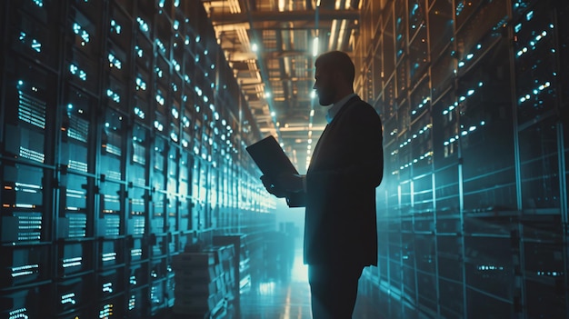 a man reading a book in a large warehouse