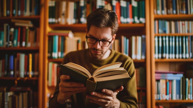 Photo a man reading a book in a library with a book titled  the book