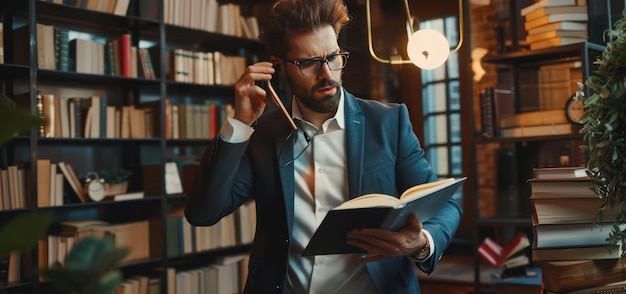 Man Reading a Book in a Library