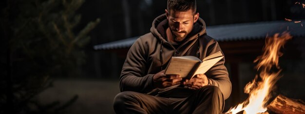 Man reading a book sitting by the fire