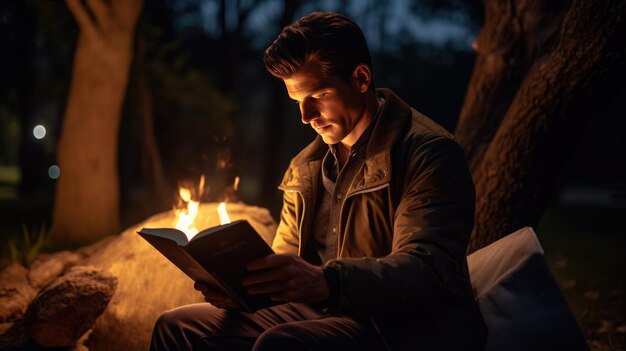 Man reading a book sitting by the fire