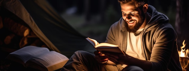 Man reading a book sitting by the fire