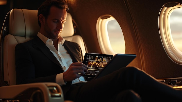 Photo a man reading a book while sitting on an airplane