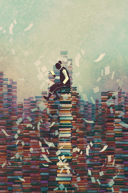 man reading book while sitting on pile of books,knowledge concept,illustration painting