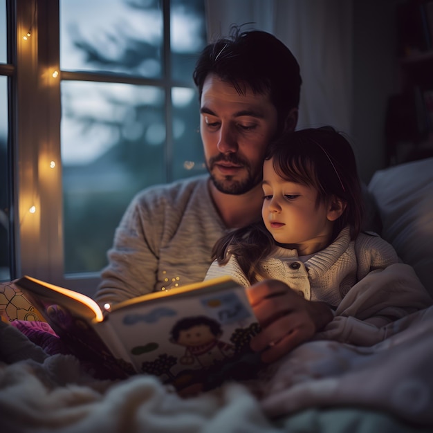 a man reading a book with a girl reading a book