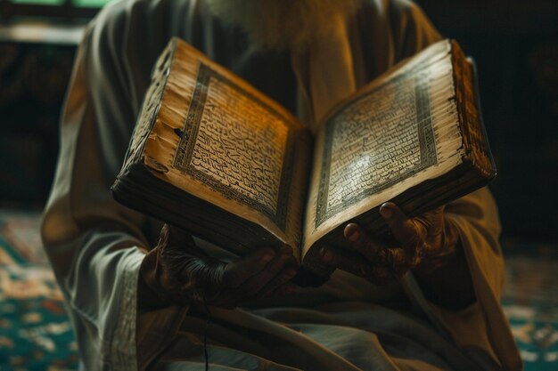 Photo a man reading a book with the words  holy  on the top