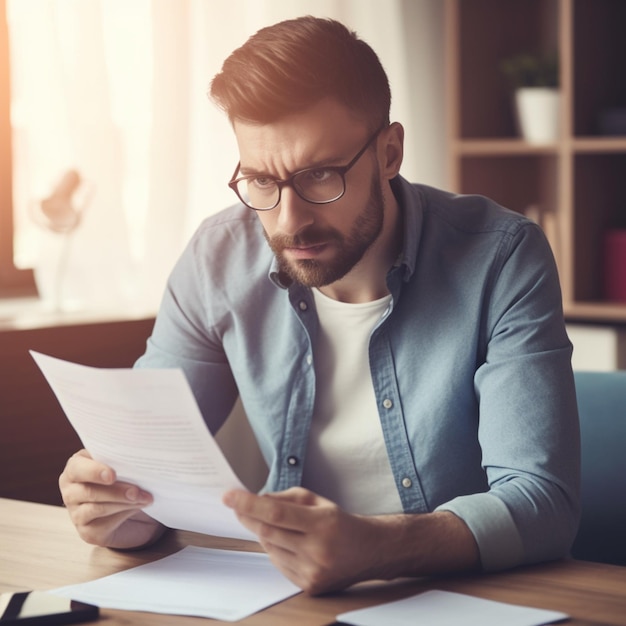 A man reading a document with a pen on the table