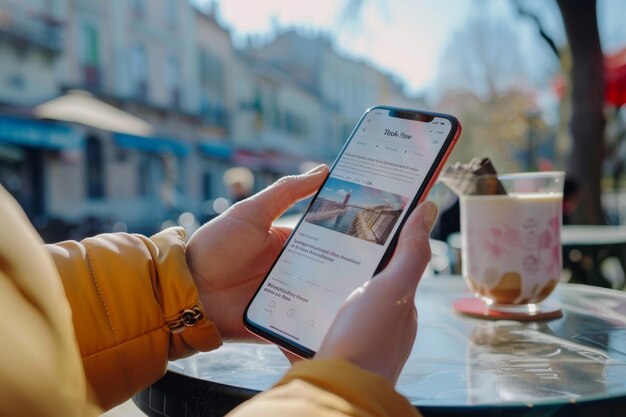 Photo man reading latest news on smartphone while enjoying morning coffee at outdoor cafe