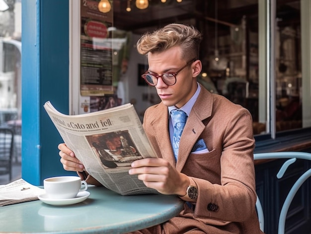 A man reading a newspaper with a cup of coffee on the table.