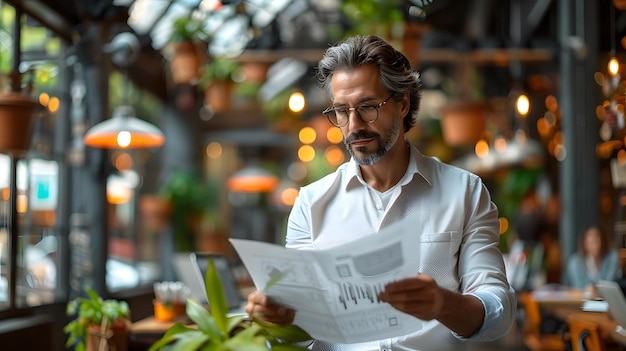 a man reading a newspaper with the letter r on it