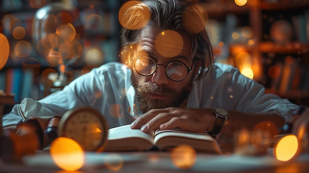 Photo a man reads a book in a cozy home setting at night