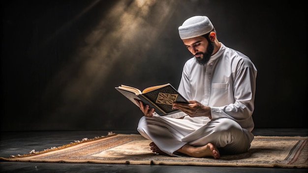 a man reads a book in a dark room