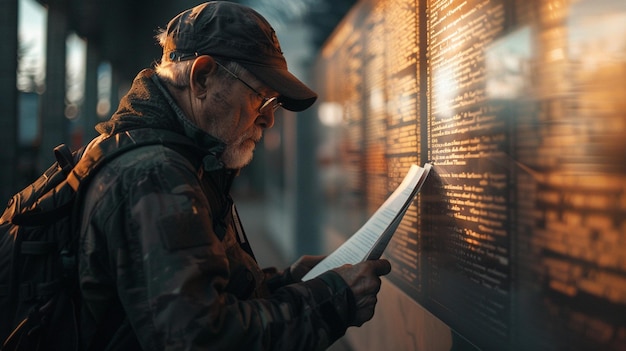 Photo a man reads a book in front of a wall of words written by the artist