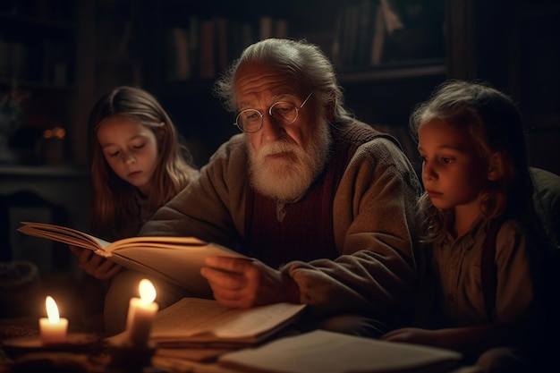 A man reads a book with a girl in front of him