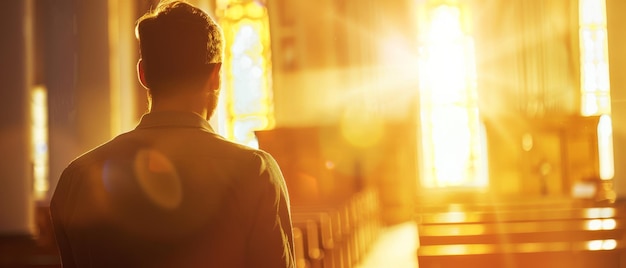 Photo a man reads from an open bible in a sunlit church projecting a sense of devotion and reverence in the tranquil spiritual interior