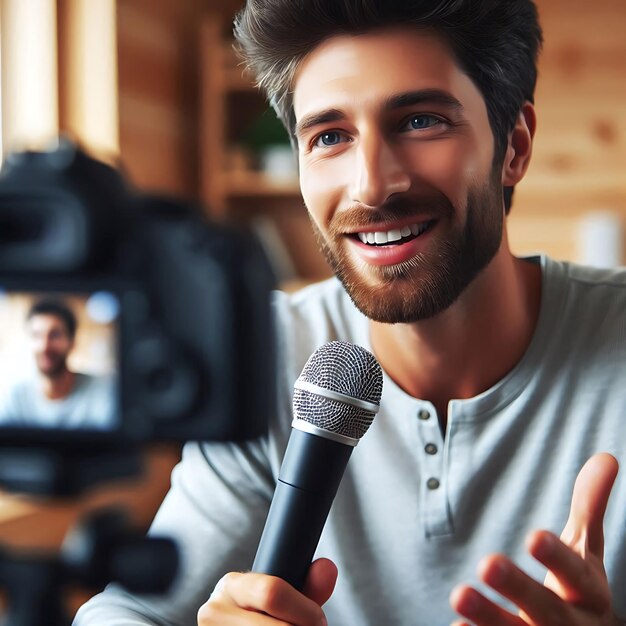 Photo a man recording a video podcast or youtube video