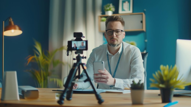 Man recording a vlog with smartphone and tripod sharing content in a creative workspace