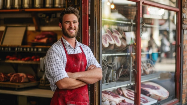 Photo a man in a red apron stands in front of a meat counter with a smile on his face