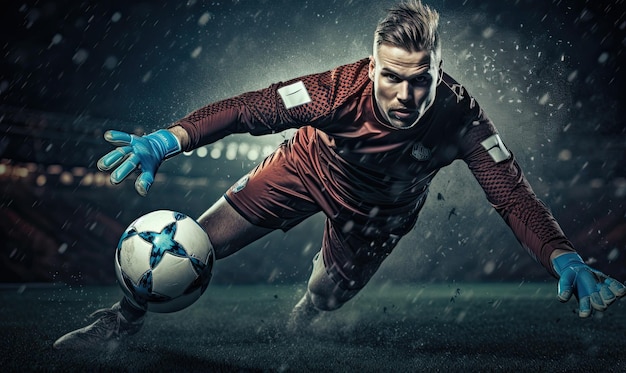 Photo man in red and black uniform kicking soccer ball