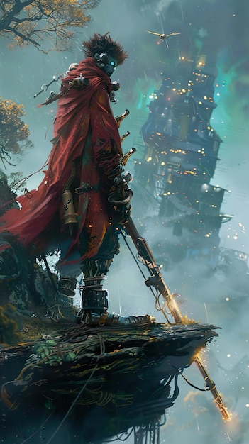 a man in a red cape is holding a sword and a gun